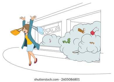 Happy cute girl during sale in store. Funny people. Illustration concept template for website, web landing page, banner, presentation, social, poster, promotion or print media.