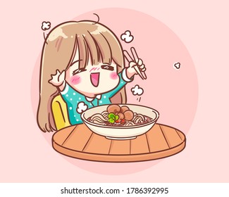 Happy cute girl eating noodle cartoon art illustration Premium Vector