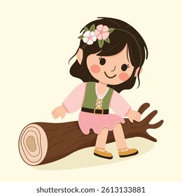 Happy and cute girl with a flower in her hair sitting on a log. Poster, Banner, Flyer, Greeting Card. Vector illustration in flat cartoon style