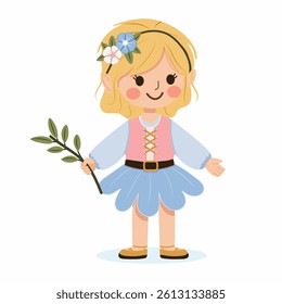Happy and cute girl with a flower in her hair holds a twig from a tree on white background. Poster, Banner, Flyer, Greeting Card. Vector illustration in flat cartoon style