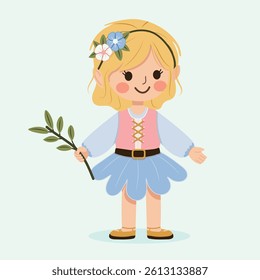 Happy and cute girl with a flower in her hair holds a twig from a tree. Poster, Banner, Flyer, Greeting Card. Vector illustration in flat cartoon style
