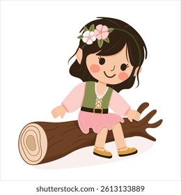 Happy and cute girl with a flower in her hair sitting on a log on white background. Poster, Banner, Flyer, Greeting Card. Vector illustration in flat cartoon style