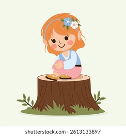 Happy and cute girl with a flower in her hair sitting on a log. Poster, Banner, Flyer, Greeting Card. Vector illustration in flat cartoon style