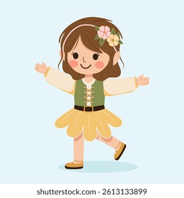 Happy and cute girl with a flower in her hair runs to hug. Poster, Banner, Flyer, Greeting Card. Vector illustration in flat cartoon style