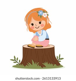 Happy and cute girl with a flower in her hair sitting on a log on white background. Poster, Banner, Flyer, Greeting Card. Vector illustration in flat cartoon style