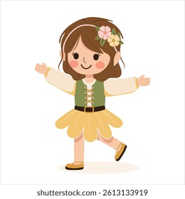 Happy and cute girl with a flower in her hair runs to hug on white background. Poster, Banner, Flyer, Greeting Card. Vector illustration in flat cartoon style