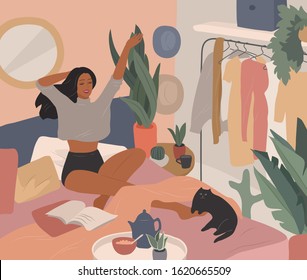 Happy cute girl have breakfast in the morning in bed, read the newspaper and resting with cat. Feminine Daily life by young woman in bedroom interior with homeplants. Cartoon vector illustration