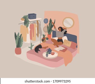 Happy cute girl have breakfast in the morning in bed, read the newspaper and resting with cat. Feminine Daily life by young woman in bedroom interior with homeplants. Cartoon vector illustration