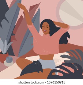 Happy cute girl have nice mood in the morning in bed and resting with cat. Feminine Daily life by young woman in bedroom with homeplants. Cartoon vector illustration