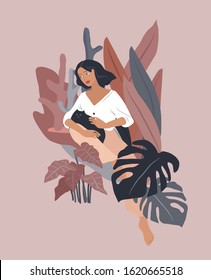 Happy cute girl have nice mood in and resting with cat. Feminine concept illustration, with homeplants. Cartoon vector illustration