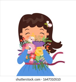 Happy cute girl holding bouquet of flowers. Happy woman's day. Spring holiday. Vector illustration. Happy girl with flowers