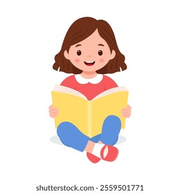 Happy cute girl is holding open book and reading. Knowledge and education concept.Vector illustration