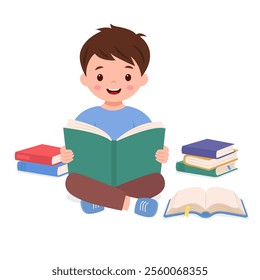 Happy cute girl is holding open book and reading. Knowledge and education concept.Vector illustration