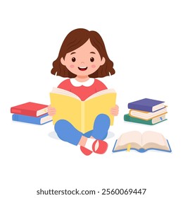 Happy cute girl is holding open book and reading. Knowledge and education concept.Vector illustration
