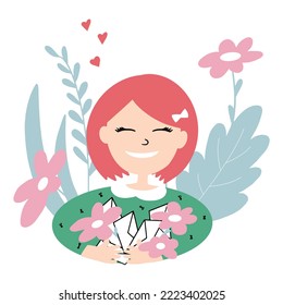 Happy cute girl holds flowers and paper letters in her hands. Valentine's Day