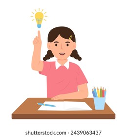 Happy cute girl with  idea lamp sign. Child finding solution, having brilliant idea, lightbulb. Creative thought, inspiration. Flat vector illustration isolated on white background