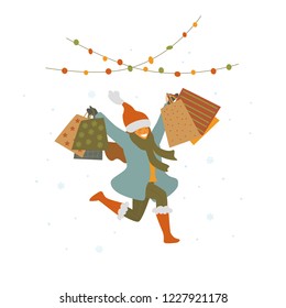 happy cute girl jumping for joy with shopping bags, christmas winter sale isolated vector illustration graphic