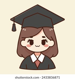 Feliz linda chica kawaii en traje de graduación y gorra en la ceremonia de graduación personaje de dibujos animados