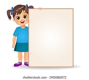 happy cute girl kid holding blank banners vector 