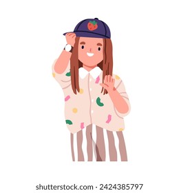 Happy cute girl kid smiling, greeting with hi gesture. Excited joyful little preschool child character in cap, modern apparel, waving with hand. Flat vector illustration isolated on white background