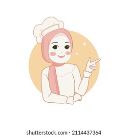 Happy cute girl muslim chef holding green open sign banner logo cartoon art illustration