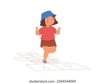Happy cute girl playing hopscotch. Vector illustration. Summer activities. Children playing outside. Funny character. Isolated on a white background