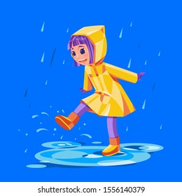 Happy cute girl playing in the rain. A girl in a yellow raincoat and rubber boots plays in the rain, puddle splashing. Isolated kids vector illustration.