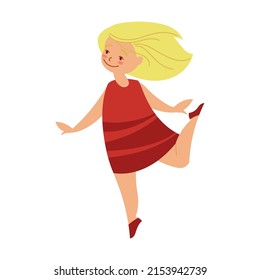 Happy cute girl in red dress with blond hair cartoon illustration. little kid, cheerful character, school girl on white background