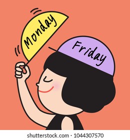 Happy Cute Girl Removing Her Monday Hat And Wearing Friday Hat Instead Concept Card Character illustration