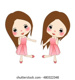 Happy Cute Girl in Rose Pink Dress. Woman Dancing. isolated on White Background. Vector Illustration
