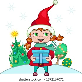 Happy cute girl with a Santa hat holding a Christmas gift on a Christmas setting. Vector Illustration.