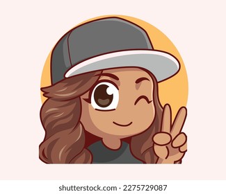 Happy cute girl smiling expression logo banner hand drawn cartoon art illustration