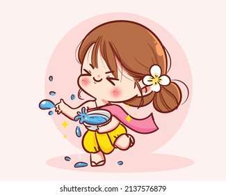 Happy Cute girl splashing water during Water Songkran festival Thailand traditional cartoon character hand draw art illustration