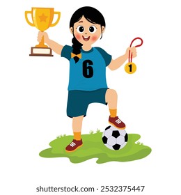 happy cute girl stands holding trophy and  gold medal for winning football games