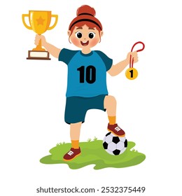happy cute girl stands holding trophy and  gold medal for winning football games