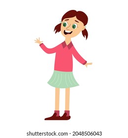 Happy cute girl talks. Flat cartoon vector illustration.