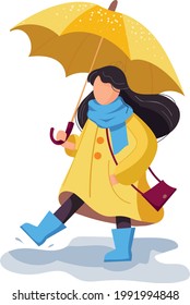 Happy cute girl with umbrella in yellow raincoat and rubber boots walks through the puddles. Cute carton positive character. Vector illustration