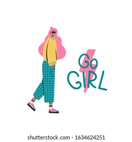 happy cute girl walking happiness.woman has inscription go power" rejoices in life and her success. empowered women, feminism ideas illustration. International womens day concept