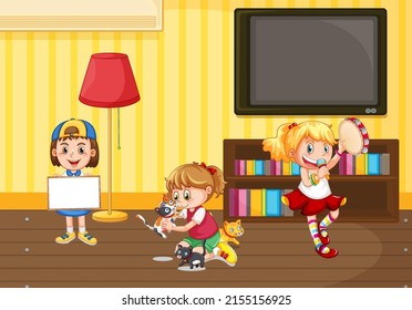 Happy cute girls doing different activities in the room illustration