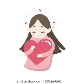 Happy cute girl's hugging heart with love feeling, vector cartoon illustration.