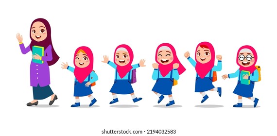 Happy cute girls smile and walk with muslim teacher