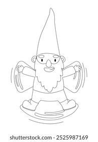 Happy cute gnome lies on the snow and makes a snow angel outlines in cartoon style. Kids coloring book illustrations.