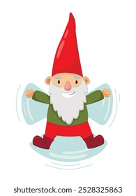 Happy cute gnome lies on the snow and makes a snow angel. Hand drawn vector stock illustration isolated on a white