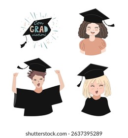 Happy cute graduate kids set. Little girl and boy graduate from school. Smiling kindergarten kids in graduate hat. Vector icon illustration