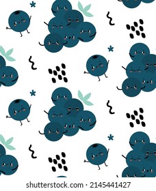 Happy cute grape character summer print for kids, greeting cards, summer sale. Cute fruits party seamless pattern.
