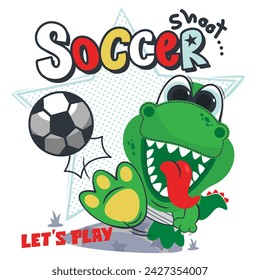 Happy cute green dinosaur cartoon playing soccer ball on white background illustration vector. 