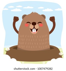 Happy cute groundhog celebrating groundhog Day with no shadow meaning winter end