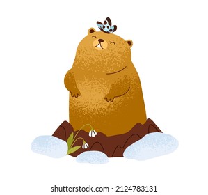 Happy Cute Groundhog Waking Up After Winter Hibernation In Ground Hole Under Snow. Smiling Brown Marmot, Woodchuck Animal Enjoying Spring. Flat Vector Illustration Isolated On White Background