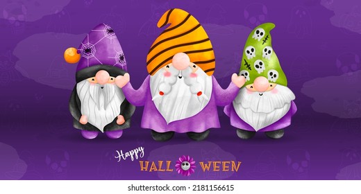 Happy cute Halloween Gnome, watercolor illustration. Three gnome - dwarf on Halloween clothes
