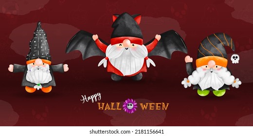 Happy süße Halloween Gnome, Aquarellgrafik. Zwergzwerg, Dracula-Zwerg
